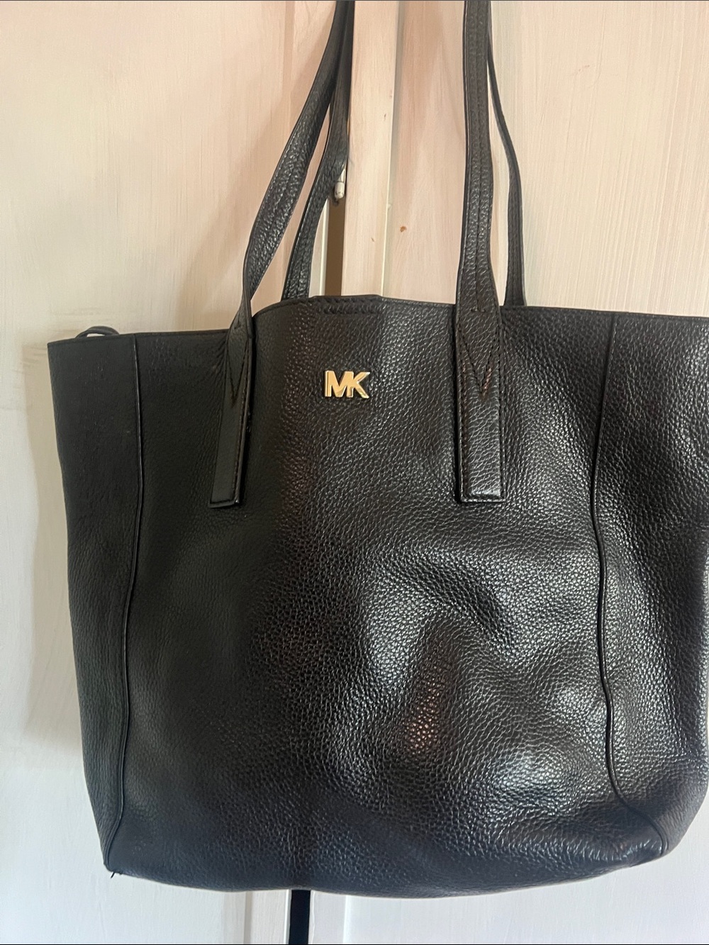Michael Kors Black Pebbled Leather Shoulder Tote with Gold MK Emblem